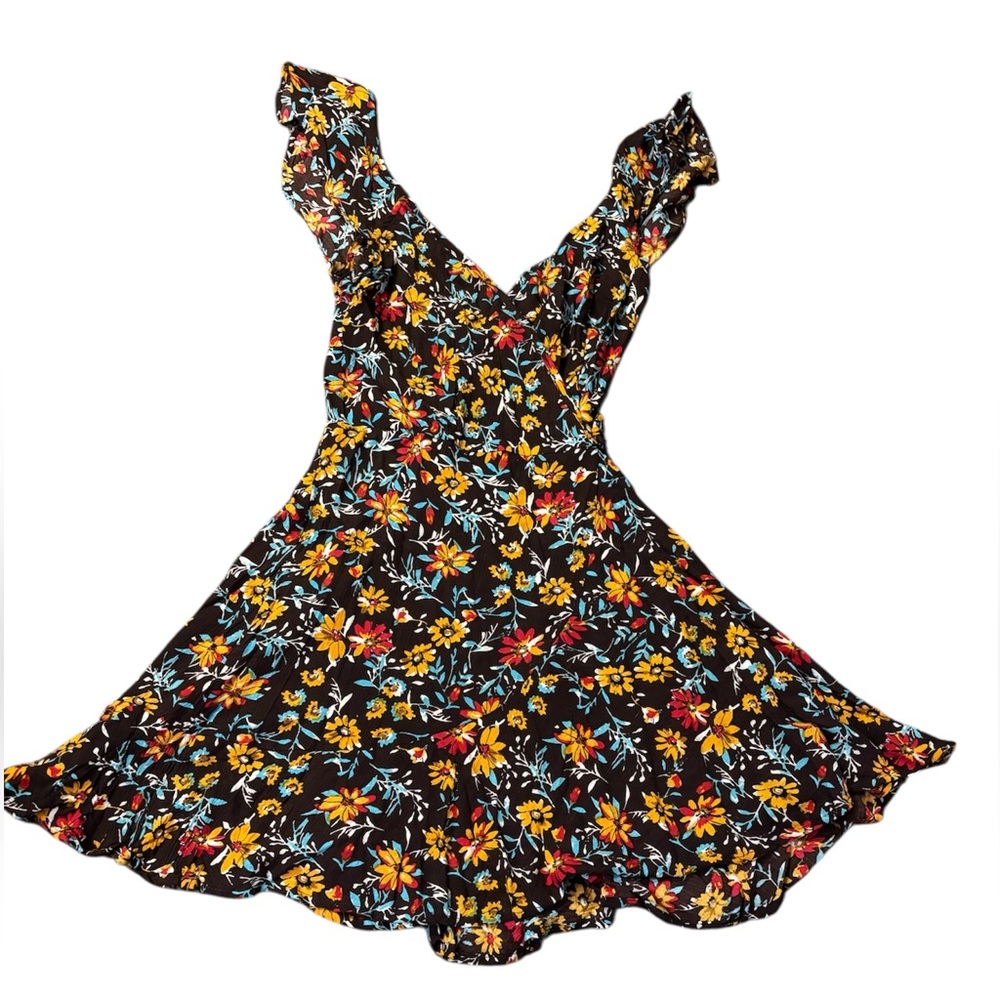 Band of the Free Brown Marigold Floral Print Mini Wrap Dress Smocked Ruffle XS - Picture 5 of 16